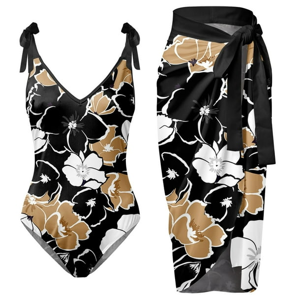 Gibobby Trajes de Baño para Mujer Traje de baño con estampado de flores y cuello en V para mujer Conjuntos de bikini con falda y delantal(Amarillo,CH)