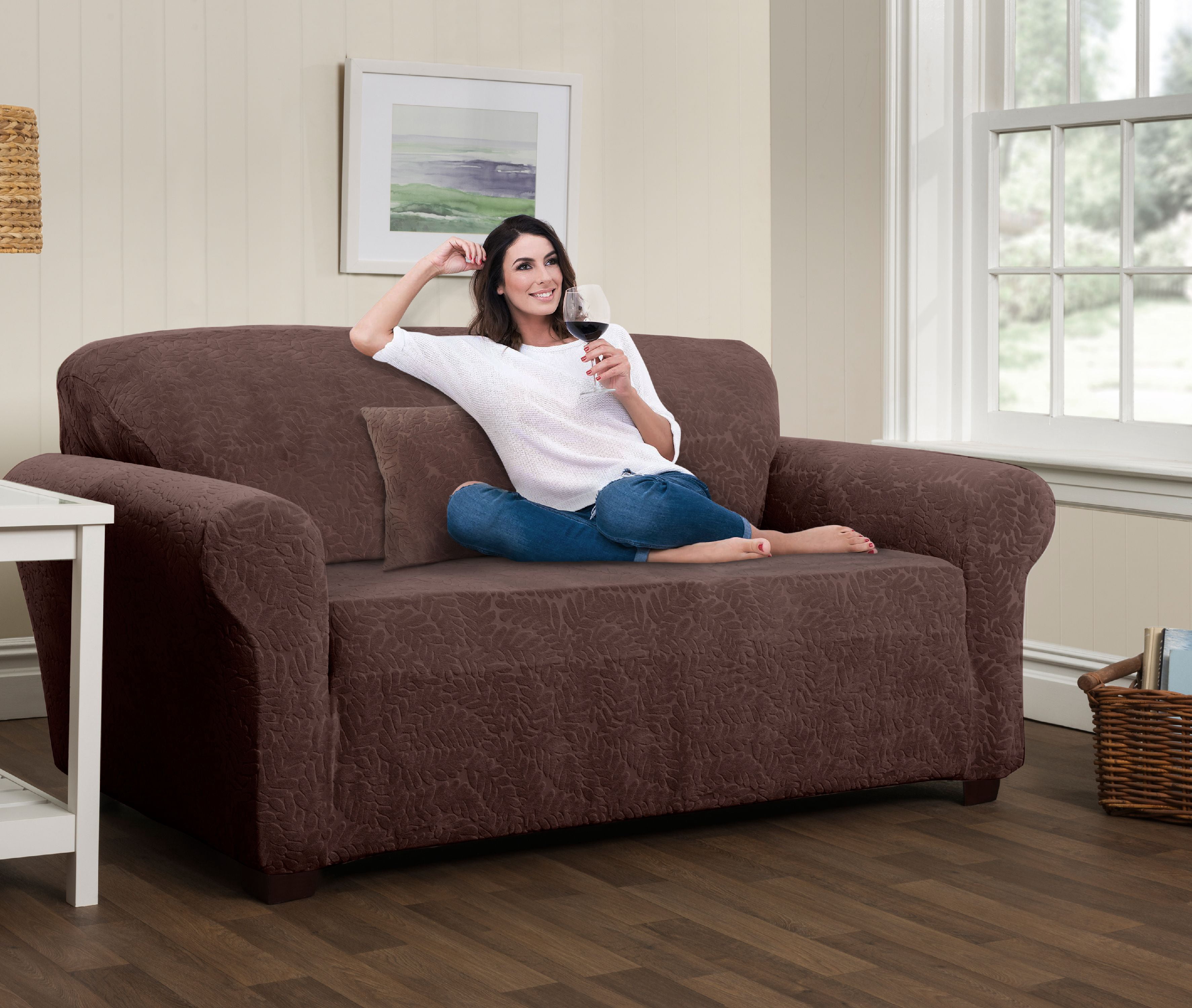 Stretch Sensations 1-Piece Stretch Fernwood Sofa Slipcover, Chocolate