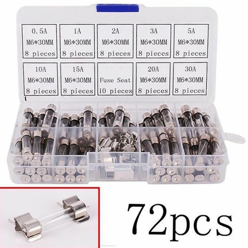 72pcs 250V 6x30mm 0.5A-30A Glass Tube Fuses Assorted Kit with Fuse Holder Hot 