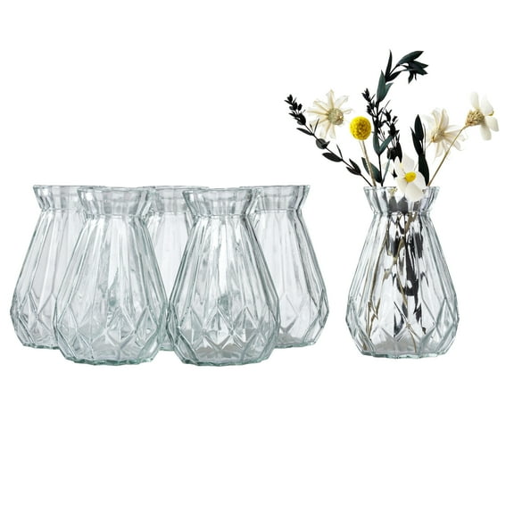 MyGift 5-inch Tulip-Shape Clear Vases with Diamond-Faceted Glass design, Set of 6