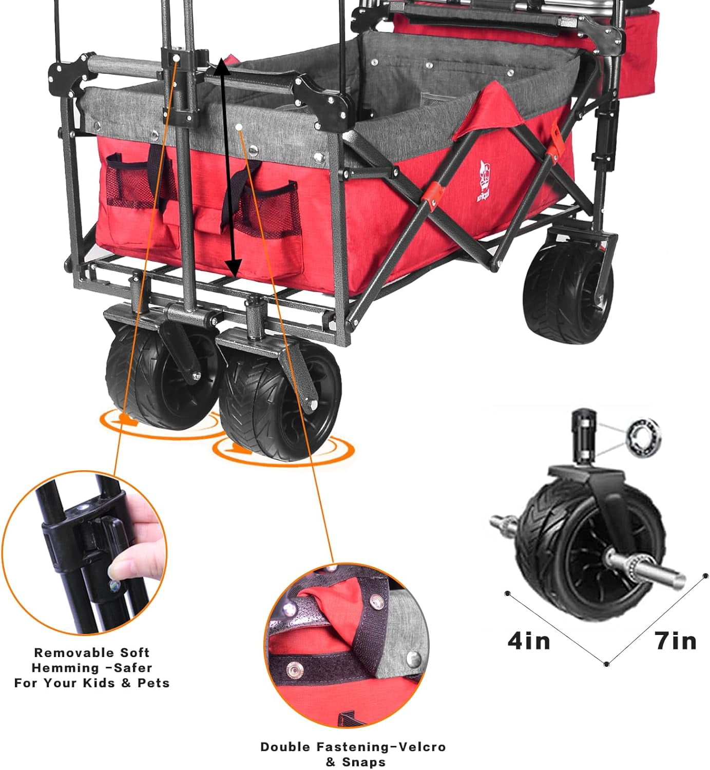 Collapsible Wagon cart with Removable Canopy, Large All Terrain Wheels, Brake, Adjustable Handles, Cooler Bag, Grey Red