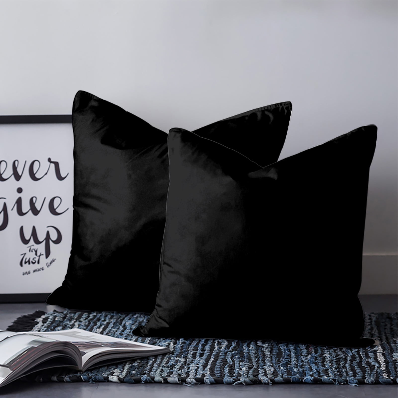 Black 18x18 Pillow Covers Set of 2, Farmhouse Solid Black Color Modern Art Throw Pillow Covers Decorative Couch Cushion Case, Microfiber Square Pillowcases for Bedroom Car Living Room