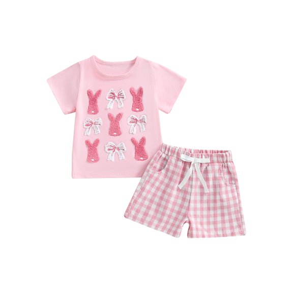 Baby Toddler Girl 2Pcs Easter Outfits 3 6 12 18 24 Months 2T 3T Short Sleeve Bunny Bow Embroidery Tops and Shorts Set Toddler Spring Clothes