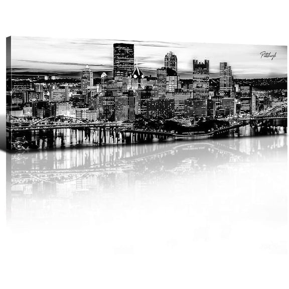 Aaheei Pittsburgh Skyline Wall Art Black and White City Pictures Pennsylvania Night Painting Canvas Print Cityscape Panoramic Poster USA Skyscraper Wall Decor Bedroom Office Home Decoration 8 x 10 in