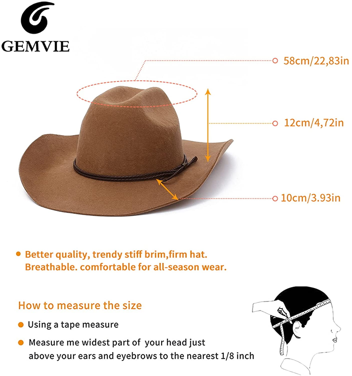 Classic Wool Felt Cowboy Hat Western 