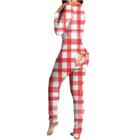 

VALMASS Long Sleeve Bodysuit for Women Jumpsuit Plus Size Button Flap Pajama Polka Dot Sexy Rompers (3XL B Red)