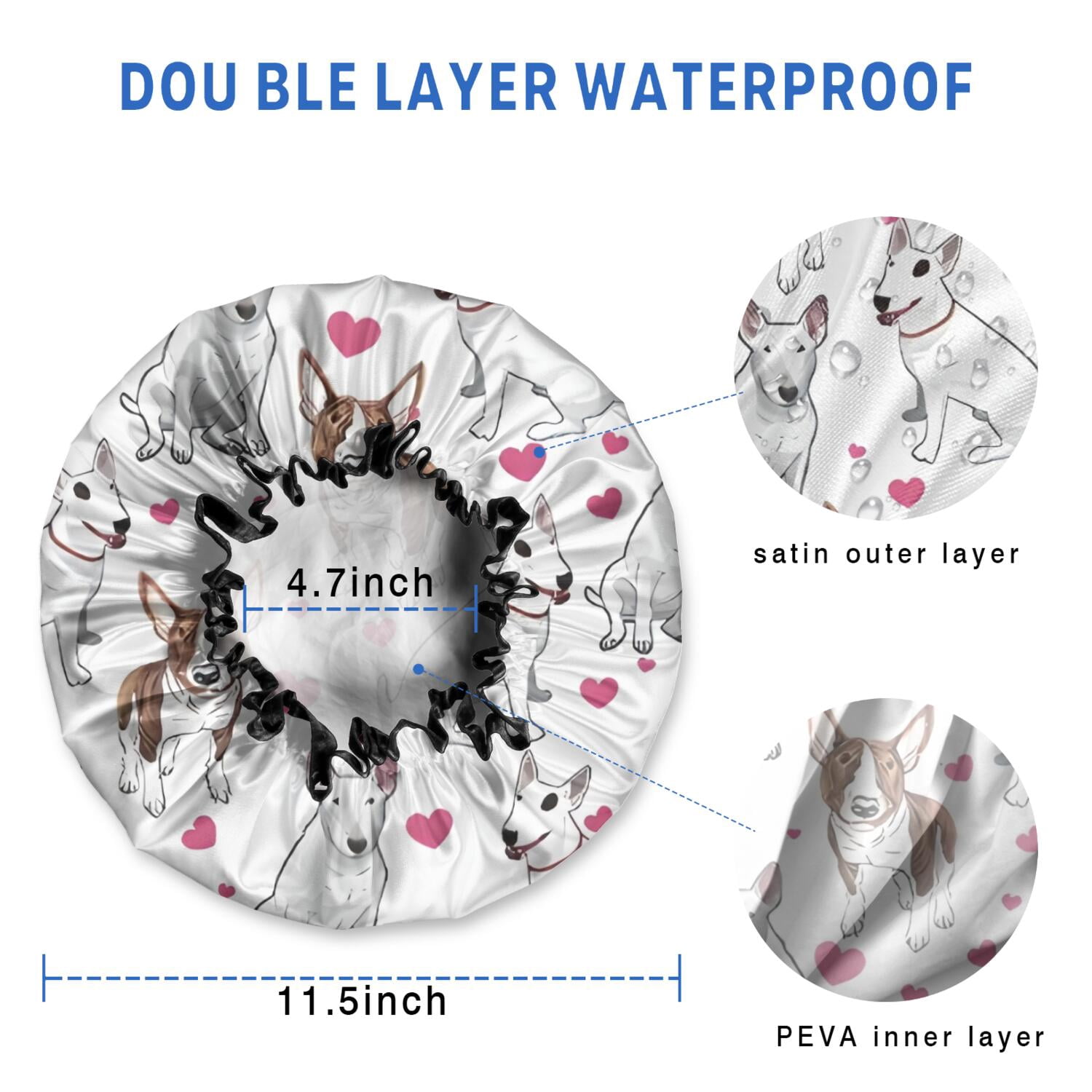 Shower Caps,Bull Terriers and Hearts Waterproof Shower Cap for Women 4 Pieces,Double Reusable Hair Cover for Shower PEVA Elastic Stretch Hem