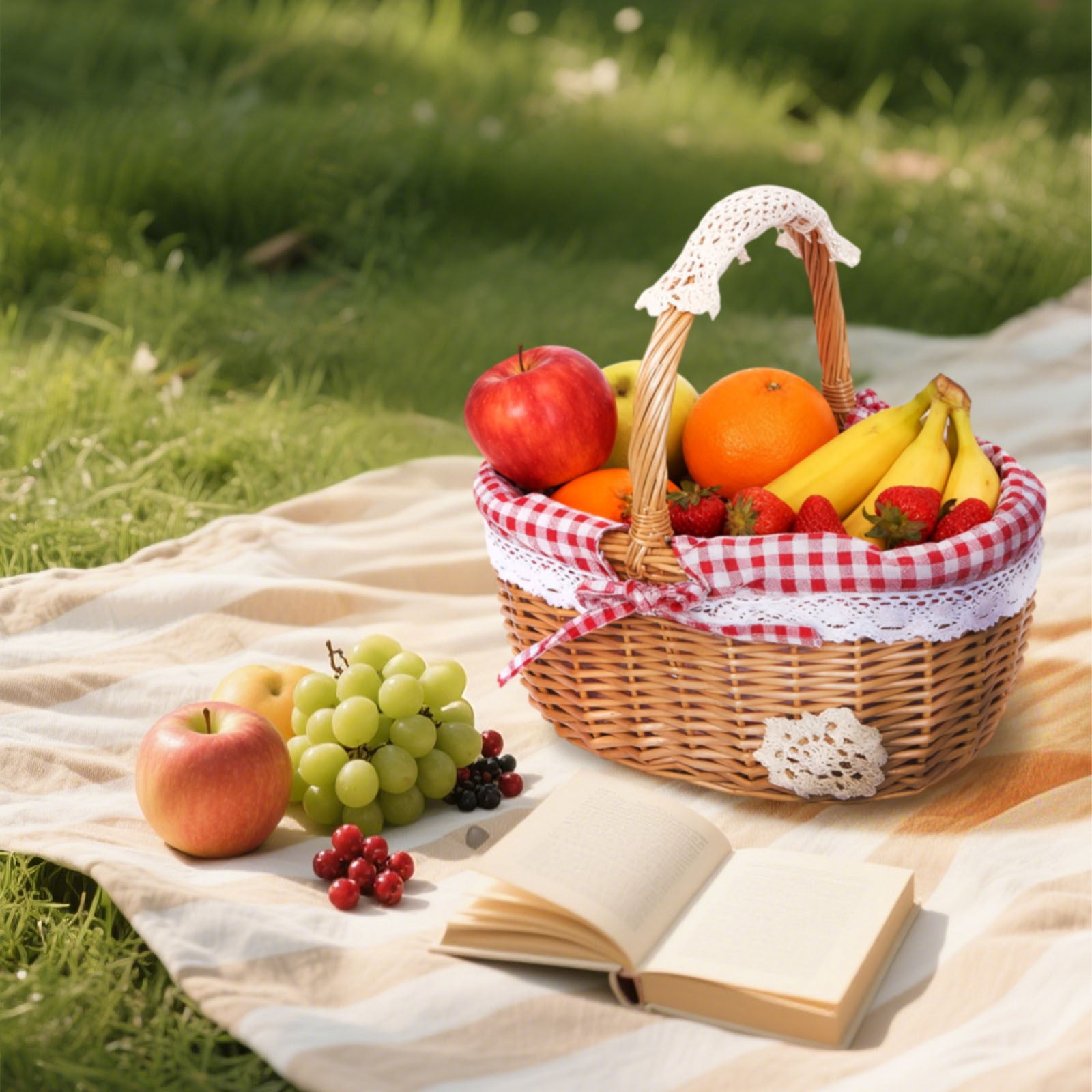 Natural Wicker Basket with Double Handles & Washable Gingham Liner, Small Hand Woven Empty Basket for Easter Gifts, Picnics, Home Decor, Candy Fruit Storage
