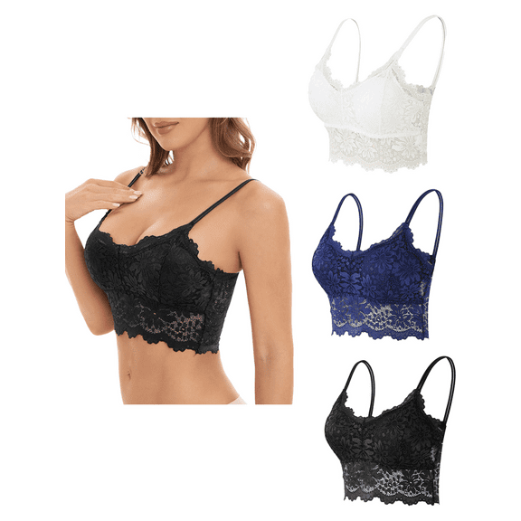 3PCS Women Lace Bra Sexy Seamless Breathable Comfortable Bralettes Wireless Bralette Strappy Padded Bandeau Bra Crop Top(black.blue.white L-XL)