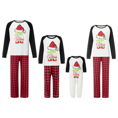 

Family Matching Christmas Pajamas Cute Hat Letter Print Long-Sleeved Tops Plaid Pattern Pants Xmas Pjs Sleepwear Set