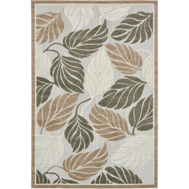 Unique Loom Botanical Collection Warm Colors Leafs Transitional Indoor and Outdoor Flatweave Area Rug, 6 x 9 ft, Beige/Gray