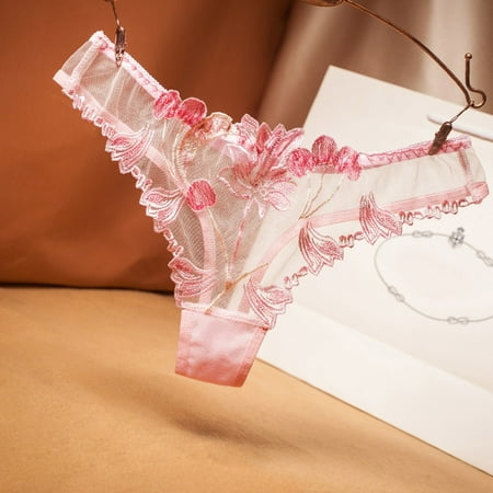 Pavied Thongs for Women Womens Underwear Women Mesh Full Transparent Embroidery Panties Cheeky Underwear No Show Underwear Pink One Size