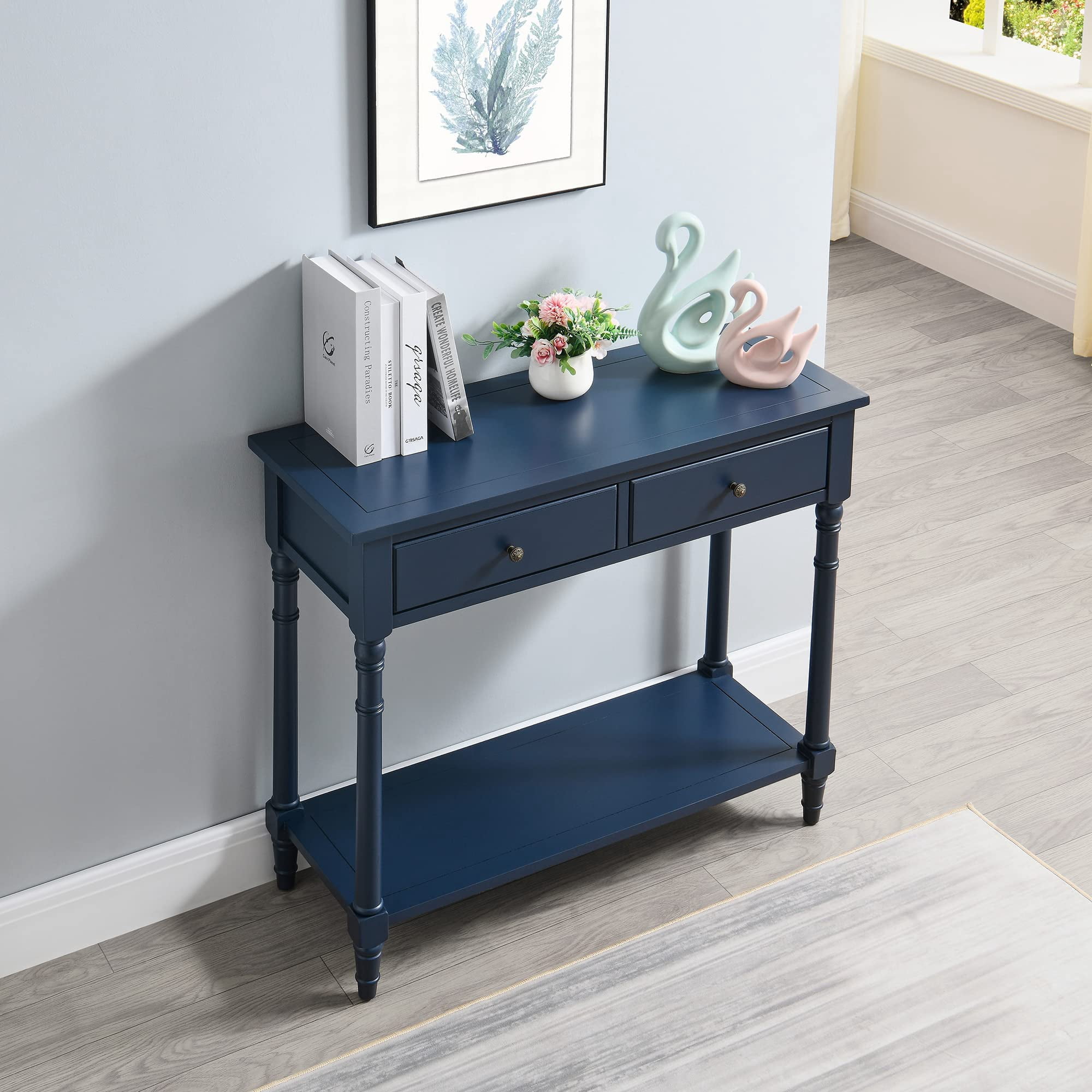 JESONVID Solid Wood Console Table with 2 Drawers, 2-Tier 35.4" X 30" Accent Sofa Table with Multilayer Storage Shelf Rustic Hall Entryway Tables for Living Room Home Office-Blue