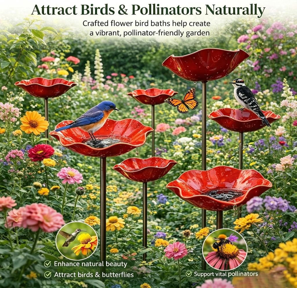 Handmade Metal Flower Garden Stake Bird Bath – Mini Bird Bath & Pollinator Water Station for Outdoor Yard Decor (Red,4)