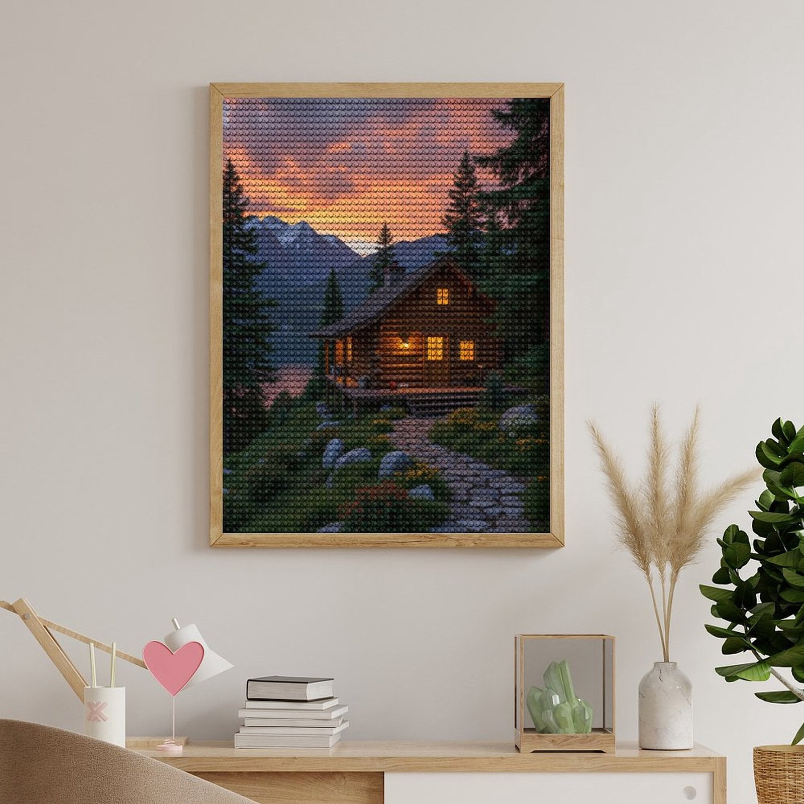 Diamond Art Kits for Adults - Log Cabin Mountain Sunset Scene 5d Diamond Painting for Adults, Diamond Art for Adults Beginners, Frameless Diamond Painting Kits for Adults for Home Wall Decor