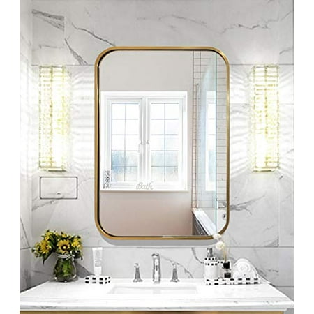 Jenbely 22x30 Inches Wall Mounted Bathroom Mirror Gold Metal Framed Rectangular With Rounded Corner Vanity For Bedroom Or Living Room Horizontal Vertical Canada Jenbely 22x30 Inches Wall Mounted, Rounded Corner Bathroom Vanity Mirror
