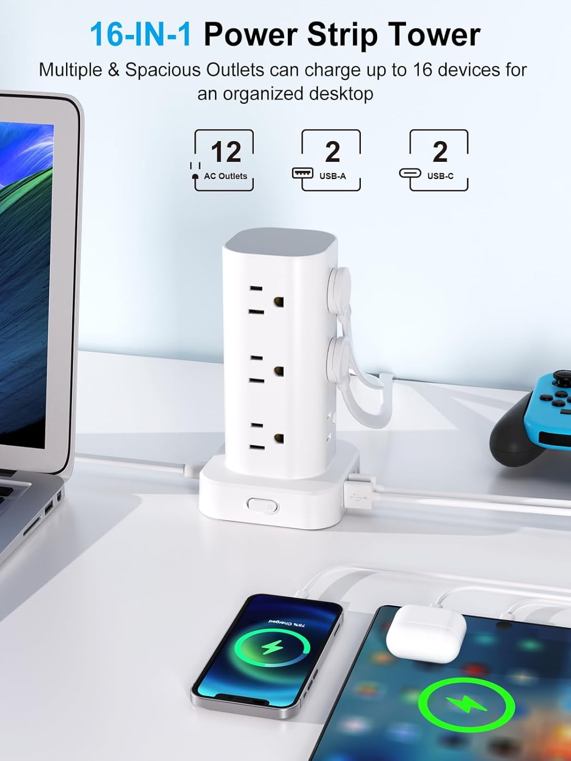 Power Strip Tower with Multiple Outlets, Flat Plug Surge Protector Extension Cord 12 AC Outlets 4 USB Ports (2 C), 6FT for Home Office Dorm Room, White
