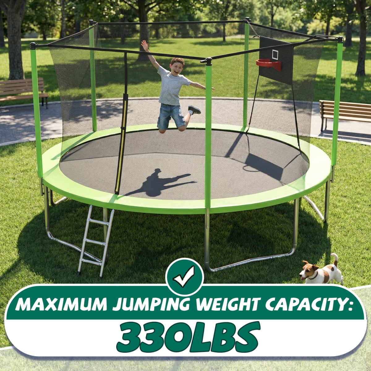 14FT Trampoline with Enclosure Net – Outdoor Indoor Recreational Fitness Trampoline for Sports, Green