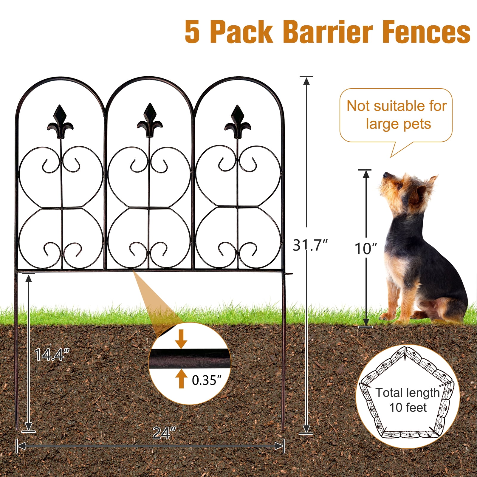 Kinbor 5 Panels Decorative Garden Fence Border, 31.7in (H) x 10ft (L) Metal Garden Fencing Animal Barrier for Dogs, Black Gold