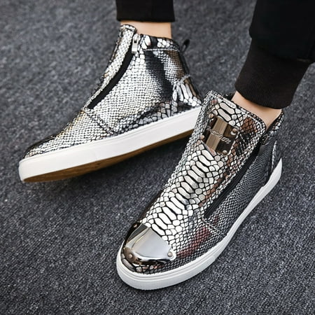 

Foraging dimple Men s Autumn and Winter Short Boots Snake Side Zipper High Top Board Shoes Silver