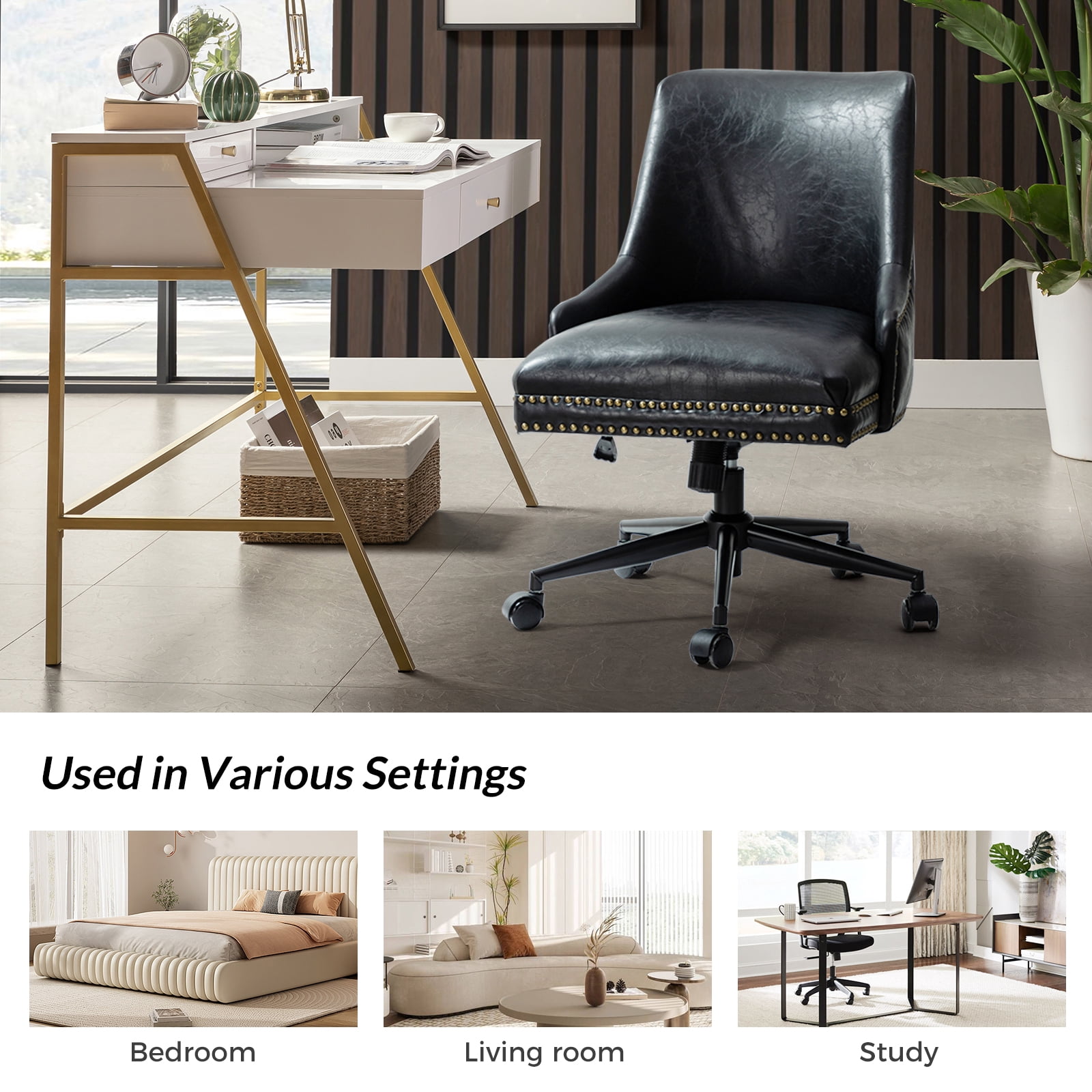 Vegan Leather Task Chair Swivel Home Office Chair Height Adjustable Mid-back Upholstered Nailhead Trim Bedroom Black