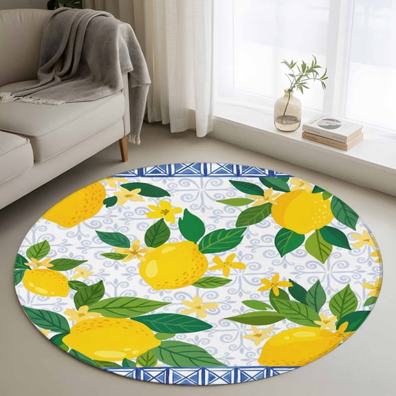 Summer Yellow Lemon Round Area Rug 3.3Ft Washable Circle Rugs for Dining Room Table, Blue Floral Fruits Non-Slip Carpet Floor Mats Indoor Outdoor Carpet Runner Aesthetic Home Decor