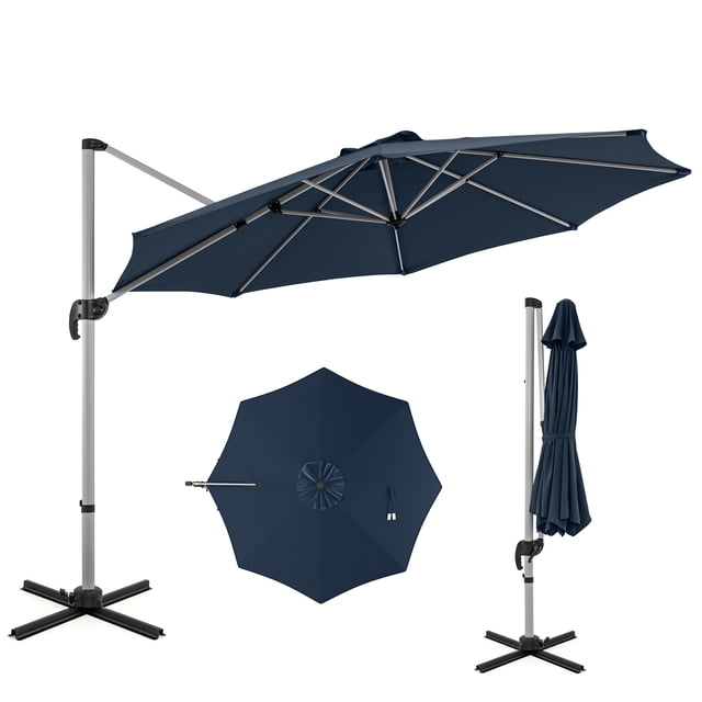 Costway Parasol de Patio Extérieur de 11 Pi, Parasol Rond Déporté avec Rotation à 360° Bleu Marine