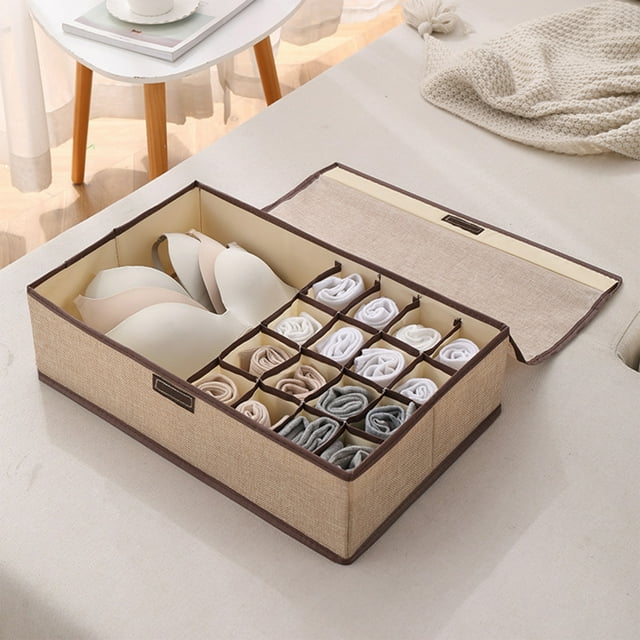 Caja Organizadora Plegable de Tela con Tapa - Estuche de Almacenamiento de Algodón y Lino de 17/13 Celdas para Calcetines, Ropa Interior, Sujetadores, Corbatas, Toallas y Bufandas