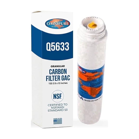 Omnipure Q5633 T33 Granular Activated Carbon Replacement Water Filtration Cartridge, 2.5 x 12 in, 0.5 Gpm, 2500 gal, 4-Pack, for RO and Under-Sink Systems
