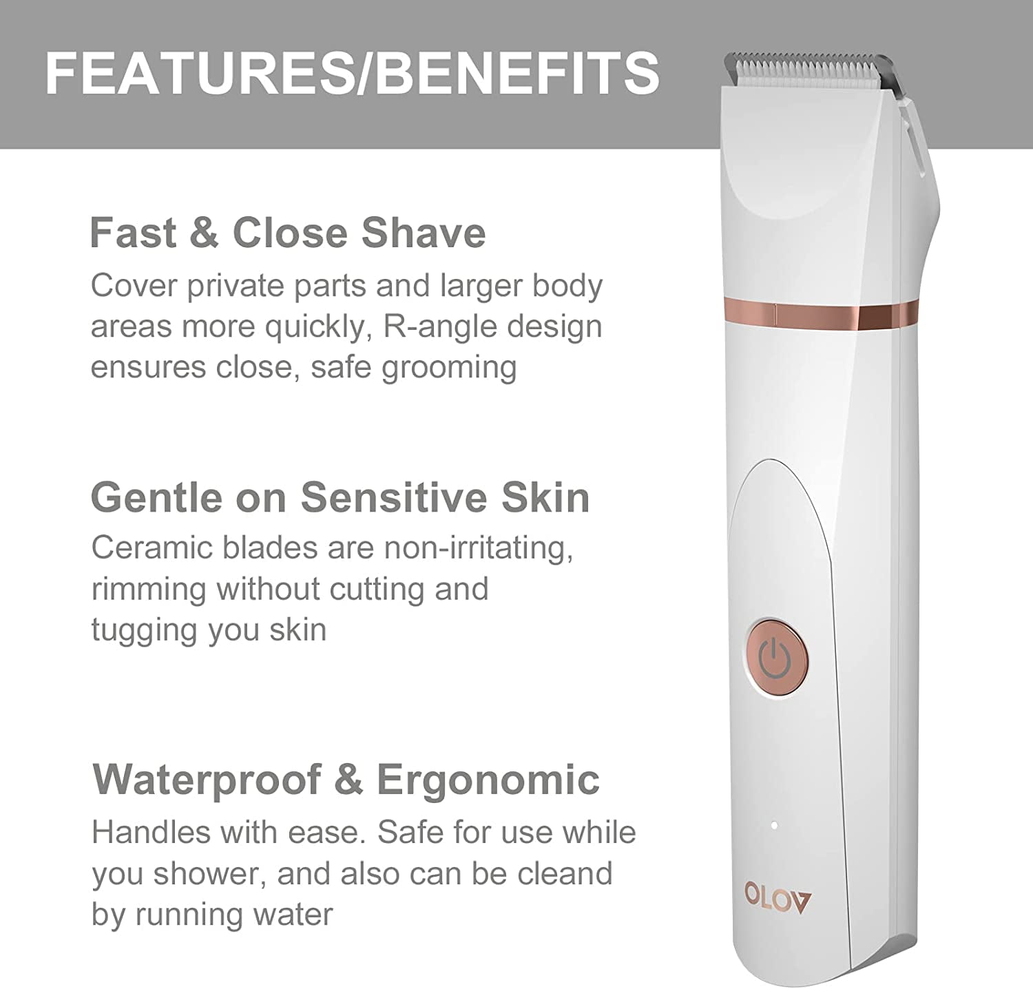 OLOV Body Hair Trimmer for Men and Women, Wet/Dry Waterproof Shaver, Usb Rechargeable, White