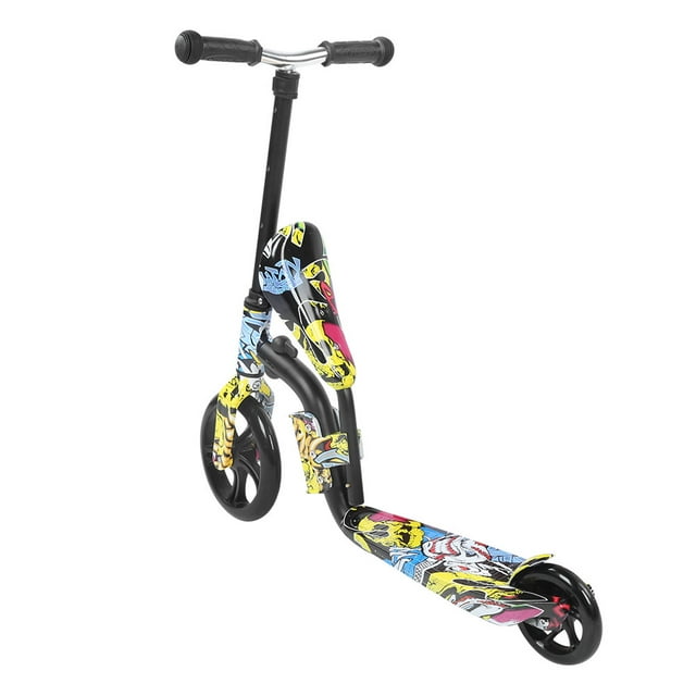 scooter de equilibrio de doble uso multifunción para niños pequeños y coloridos para niños de 3 a 12 años Patinete negro con gráficos multicolores, vista tres cuartos frontal. Manillar en T con grips de goma, tubo vertical de acero ajustable, asiento desmontable sobre el marco delantero, plataforma antideslizante amplia con tiras y ruedas PU (delantera grande, trasera pequeña). Longitud aprox. 75 cm; altura aprox. 70–80 cm. También suele usarse como primer paso para aprender a deslizar y mejorar el equilibrio.