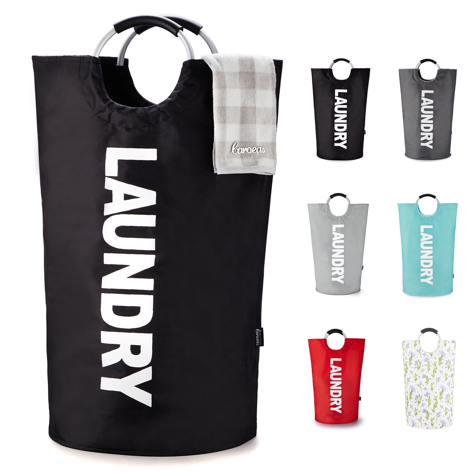 Caroeas 90L X-Large Laundry Basket (13 Colors), Waterproof Laundry Hamper, Tall Fabric tall Laundry Bag, Foldable Washing Bin with Aluminum Handle, Black