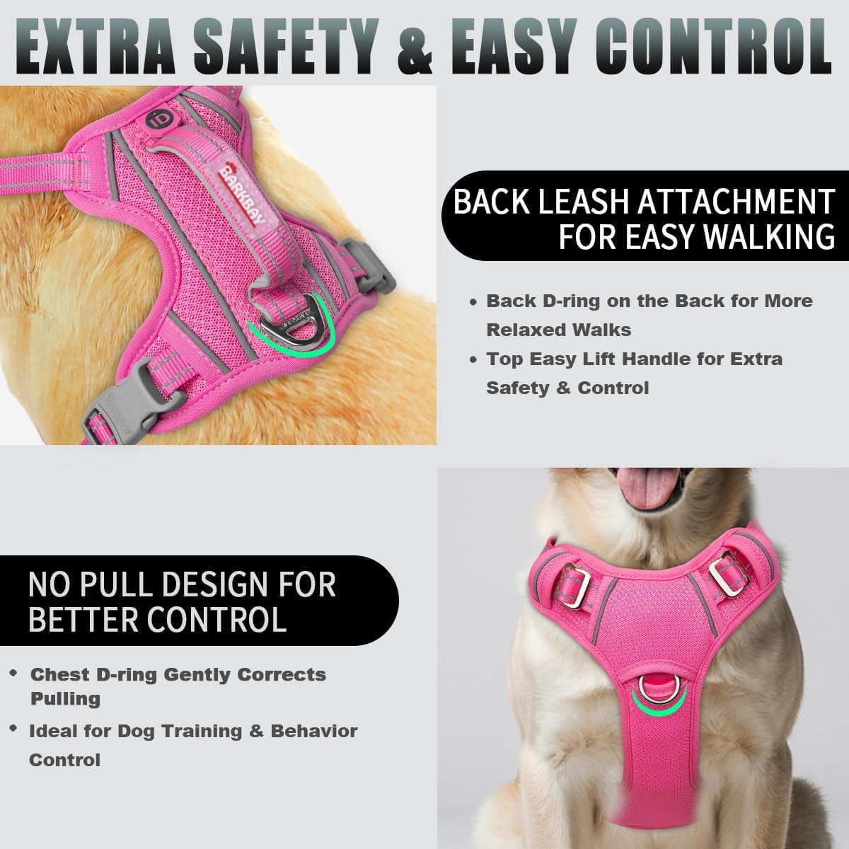 No Pull Dog Harness Large Reflective Dog Harness with Front Clip and Easy Control Handle for Walking Training Running with ID tag Pocket(Pink,L)