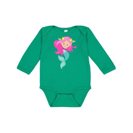 

Inktastic Pretty Mermaid With Long Pink Hair and Green Tail Gift Baby Girl Long Sleeve Bodysuit