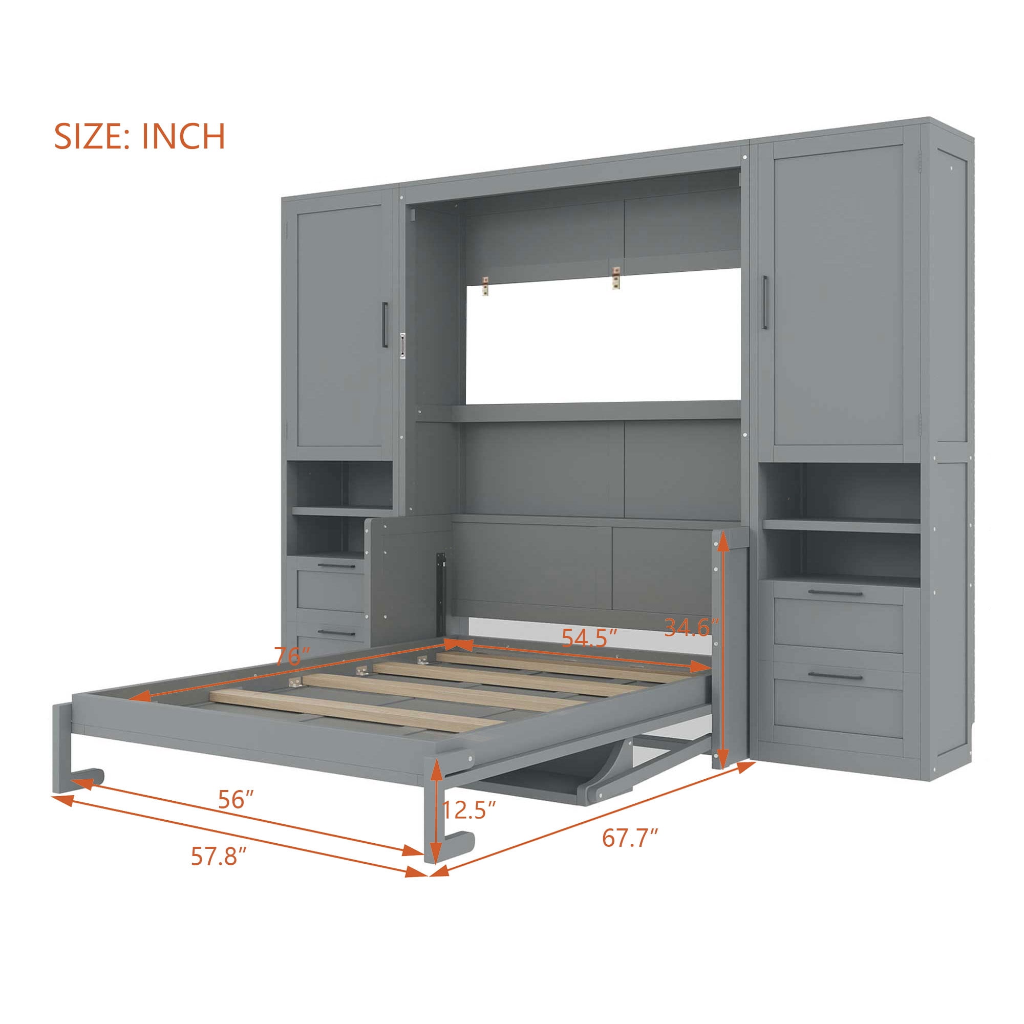 Full Size Murphy Bed with 2 Closet, 4 Drawers and Shelves for Space-Saving Guest Room