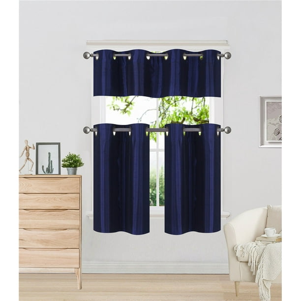 K7 Navy Blue 3 Piece Solid Faux Silk Blackout Grommet Kitchen Window Curtain Set Two 2 Lined Tiers Panel 28 W X 24 L Each And One 1 Matching Valance 56 14 K7 Navy Blue 3 Piece Solid Faux Silk, Cobalt Blue Curtains For Kitchen