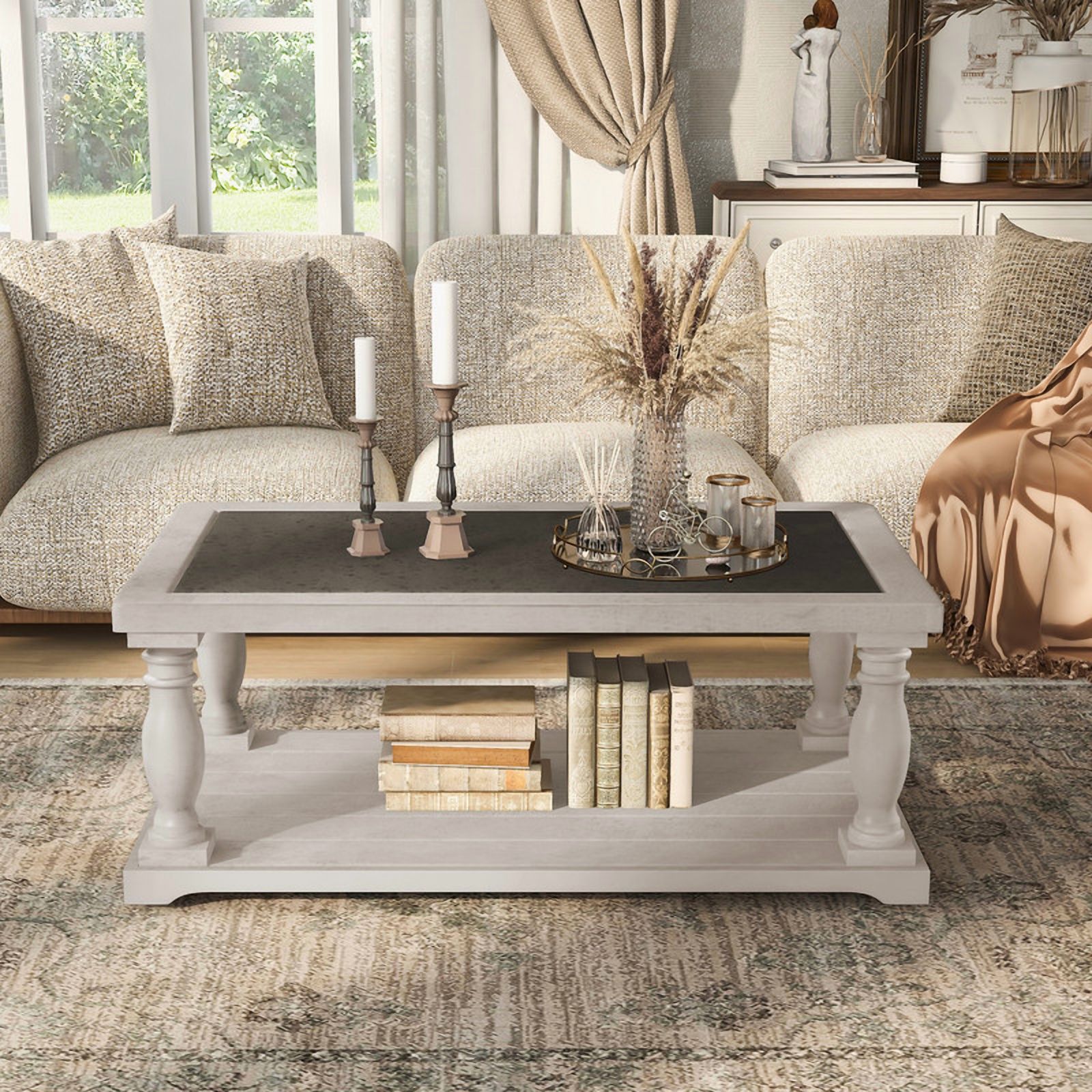 Vintage Rectangular Center Coffee Table with Sculptural Spindle Solid Wood Legs, 2-Tier Traditional Wooden Cocktail End Table