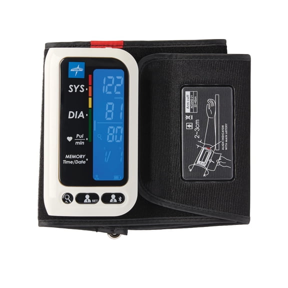 Monitor de presión arterial Medline con Bluetooth, brazalete universal para brazo, pantalla LCD digital, integración con la aplicación Medline Health, almacena hasta 120 lecturas, cable de carga y est