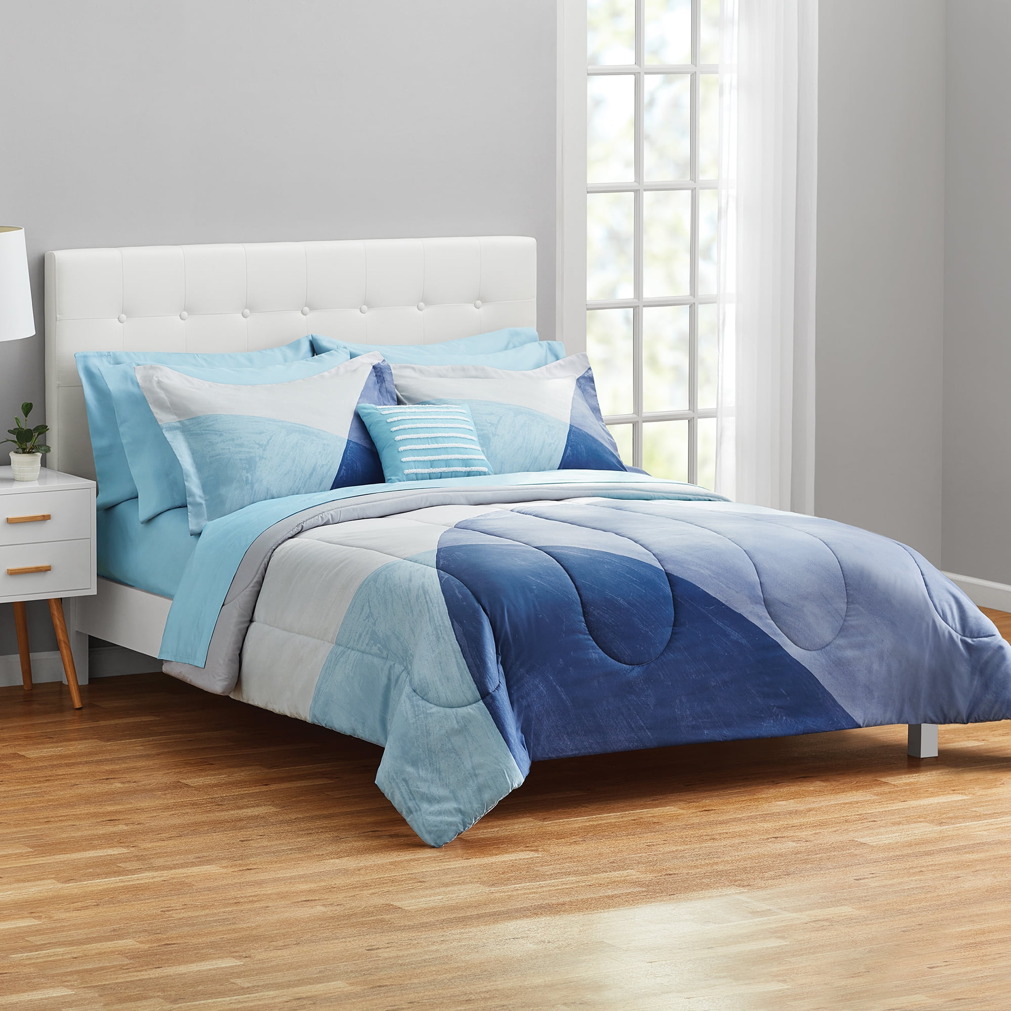 Mainstays 10 Piece Blue Color Block Bed in a Bag Comforter Set with Sheets, Full  (图4)