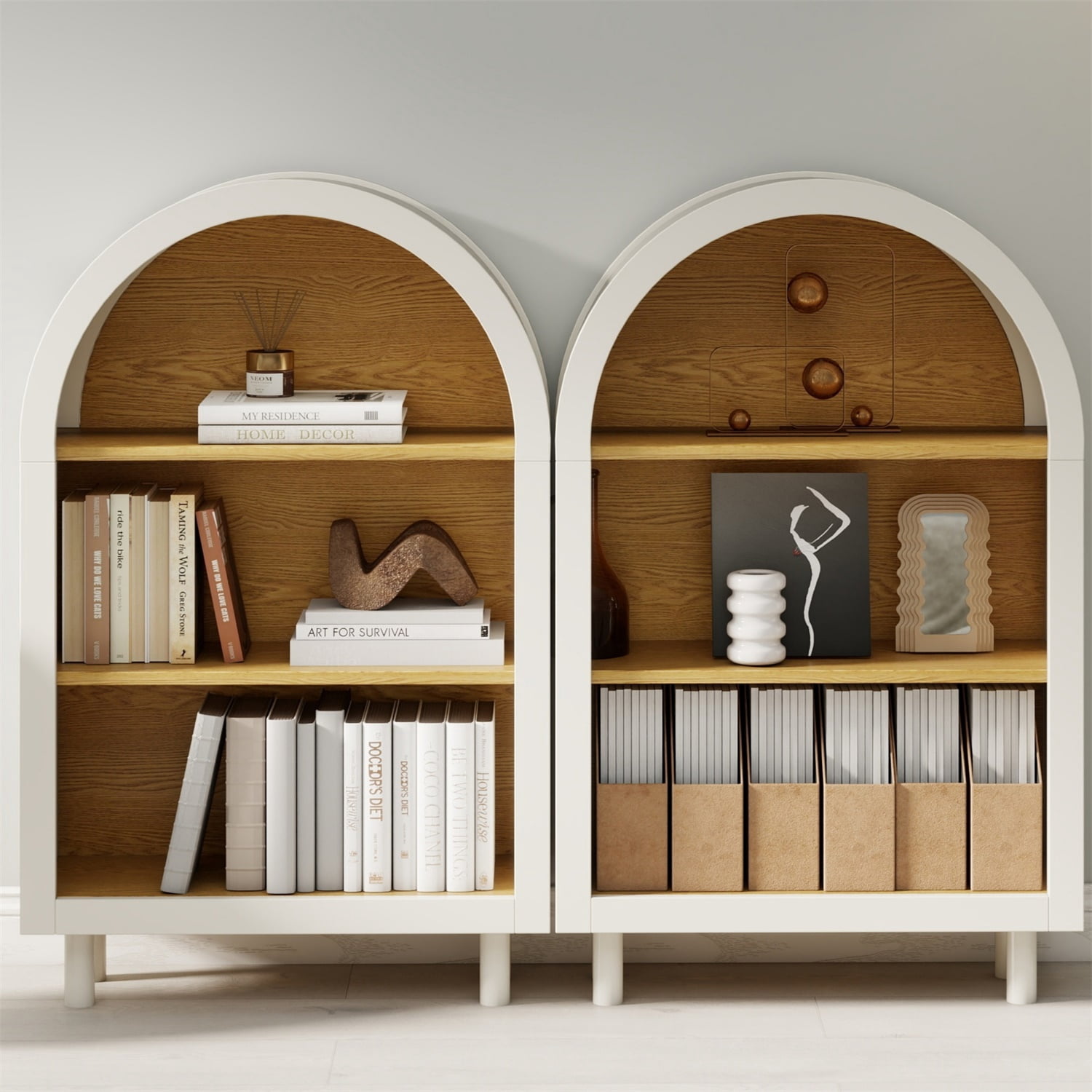 Hommoo 3-Tier Shelves Arched Bookcase Storage Cabinet Set,2 Pcs Wooden Modern 37.4"H Arched Top Bookshelf for Living Room, Bedroom, Entryway, White Oak
