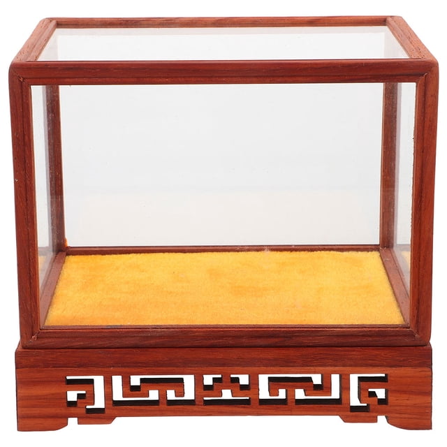Estante de exhibición antiguo con base de madera y soporte de figuras de jade con cúpula de vidrio
