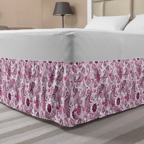 Purple Bed Skirt, Scales Swirls and Hearts in Romantic Depiction of Nature with Birds and Flowers, Elastic Bedskirt Dust Ruffle Wrap Around for Bedding Decor, 4 Sizes, Mauve Plum Pink, by Ambesonne