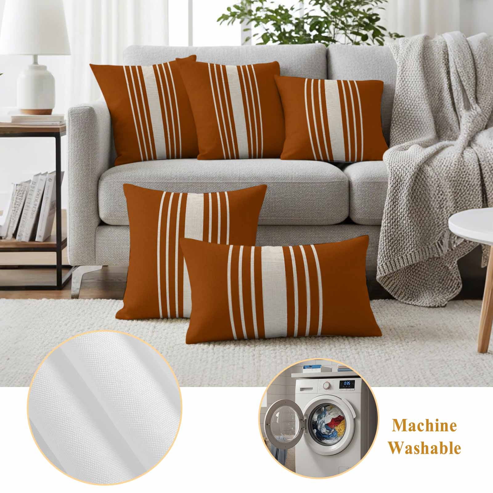 Burnt Orange Beige Striped Outdoor Waterproof Pillow Covers, Modern Farmhouse Retro Lines Decorative Square Throw Pillowcase Sofa Cushion Sham for Patio/Couch/Chair, 20"x20" 2 Pack