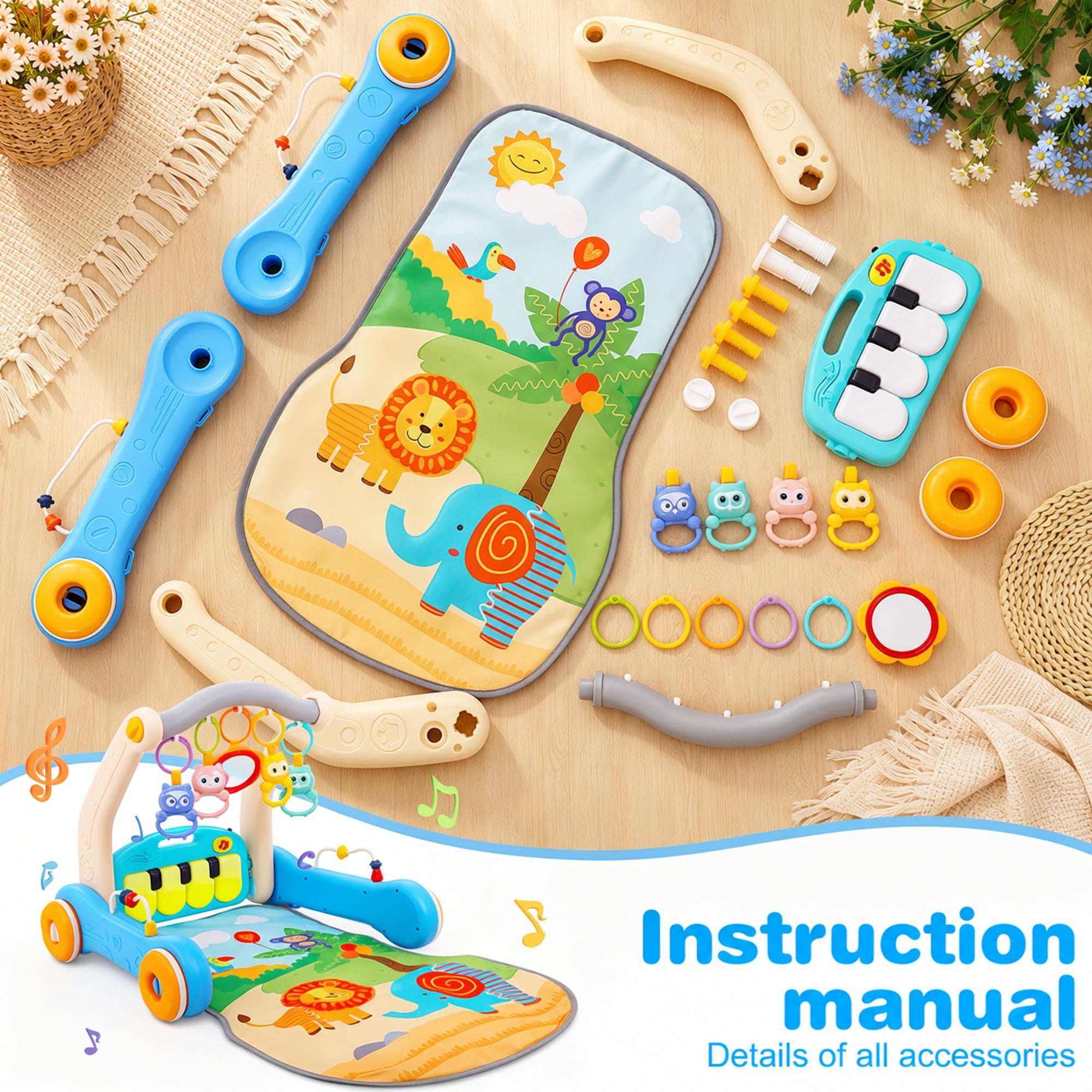 FVLOENG Baby Gym Playmat for Infant,Tummy Time Mat with 5 Infant Sensory Baby Toys & Musical Piano Activity for 0-36 Months Boys Girls