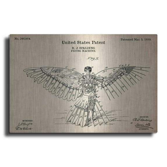 Luxe Metal Art 'Fly Machine Vintage Patent Blueprint,' Metal Wall Art, 16"x12"