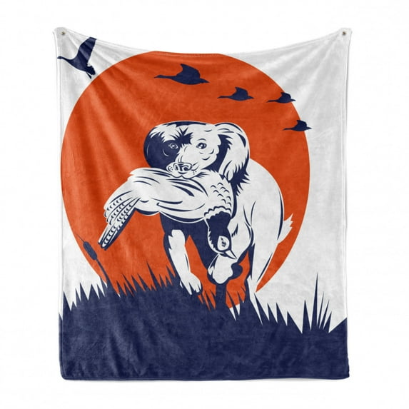 Hunting Soft Flannel Fleece Blanket, Cocker Spaniel Breed Dog Retrieving the Pheasant Flying Ducks at Sunset, Cozy Plush for Indoor and Outdoor Use, 50" x 70", Dark Blue Orange White, by Ambesonne