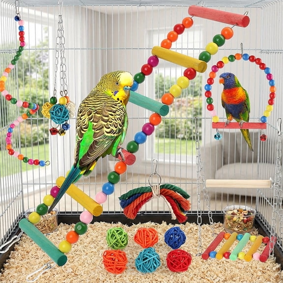 Meggemo Parrot Bird Toy Set Chewing Foraging Hanging Bell Shredder Activity Play Gym Cage Decor Enrichment Accessories for Budgie Cockatiel Conure