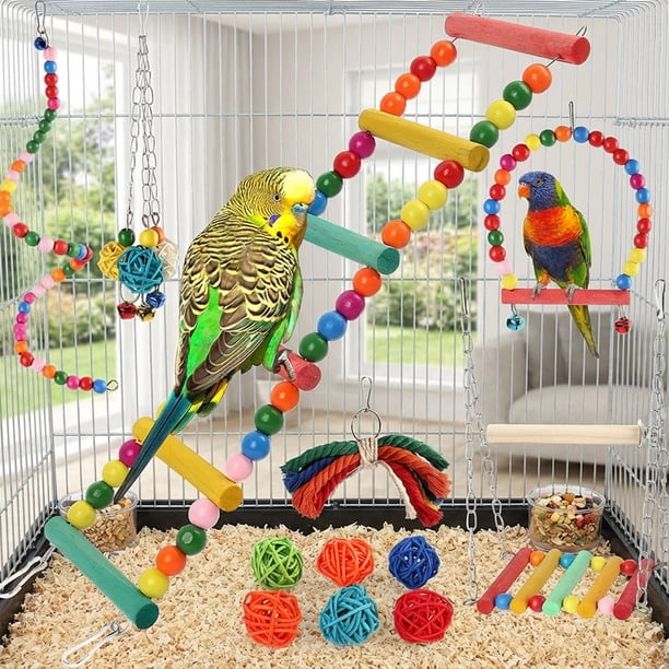 Juguetes Para Pájaros Como Mascotas Juego de 13 juguetes de madera para jaulas de pájaros con columpios, campanas, escaleras y bloques para pájaros pequeños y medianos. Rkxzt
