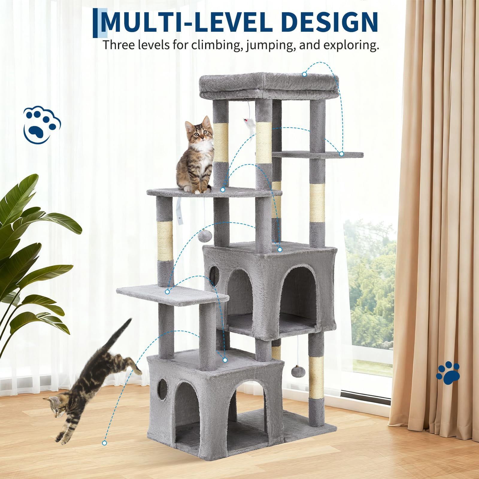 Scratching Post for Large Cats 62" - Multi-Level Tower with Extra Large Platform, Spacious Condominiums, Sturdy Natural Sisal Posts, Play Area for Maine Coon - Light Grey