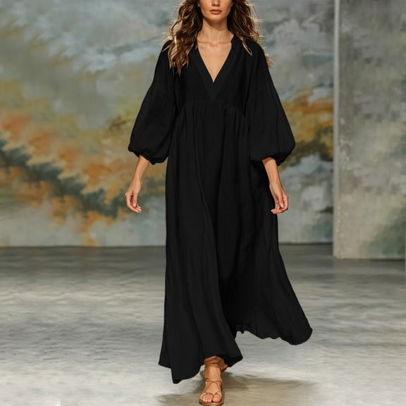 Sheghy Summer Dresses for Women 2026 Autumn Winter Deep V Neck Flowy Relaxed Fit Boho Midi Dress Black S